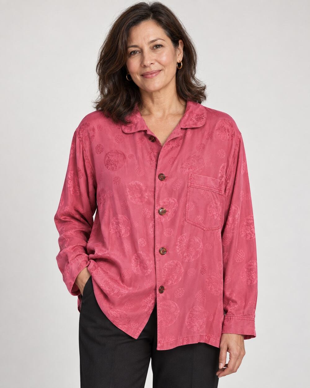 Vintage 1980s Begonia Pure Silk Jacquard Shirt Women’s M 44" Bust China
